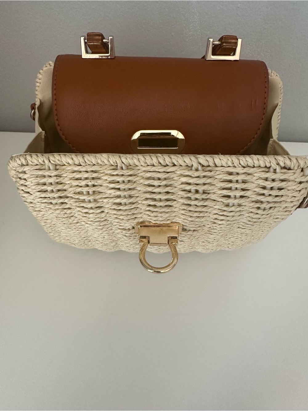 Woven Straw Crossbody Bag with Brown Leather Flap - Picture 2 of 5